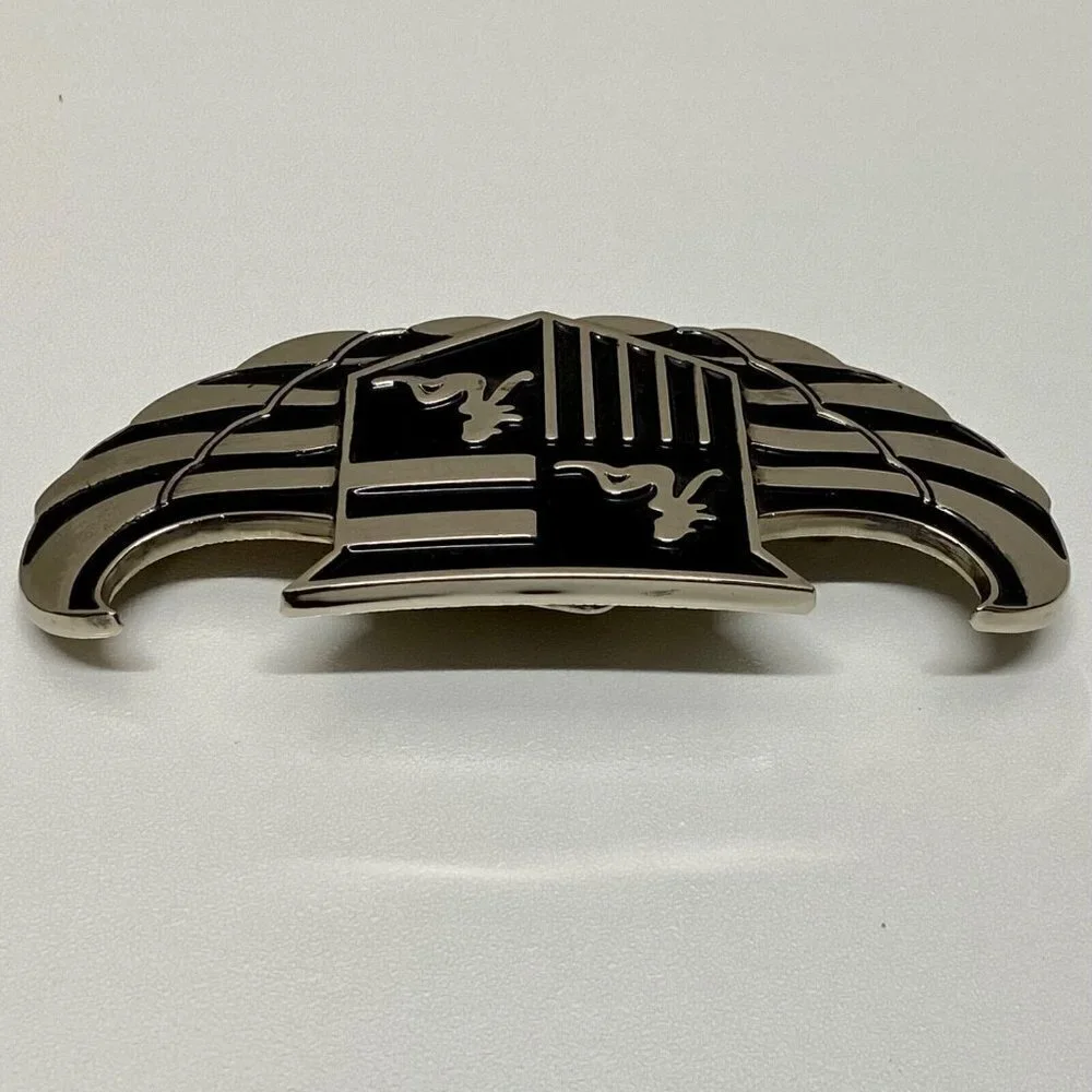 Cadillac 187 INC. Belt Buckle Bottle Opener Tool 5” Chrome Black Winged Logo Vtg